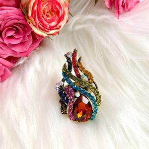 Rainbow Peacock ring rhinestone statement stretch